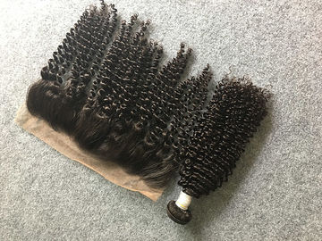 Peruvian Kinky Curly Human Hair Weave Unprocessed With 13x4 Lace Frontal