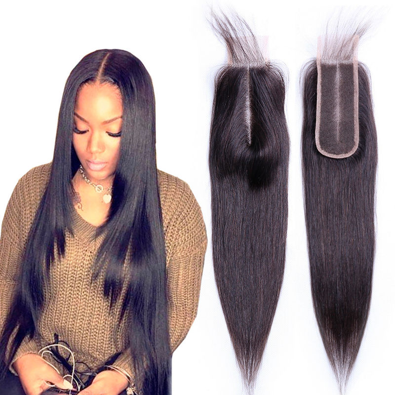 2 X 6 Middle Part Closure Virgin Human Hair Extensions Straight Swiss Lace