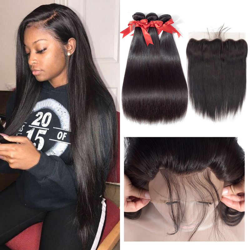 8 Inch 100 Peruvian Human Hair Weave Straight Bundles With Lace Frontal 1B