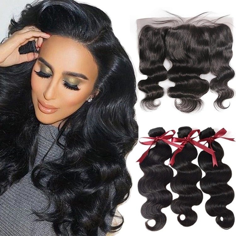 Natural Color Cambodian Virgin Hair Bundles With Lace Front / Cambodian Body Wave Hair