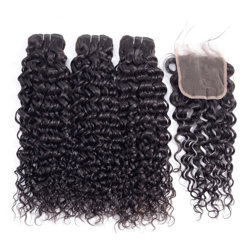 No Chemical Water Wave Bundles With Closure 100% Remy Indian Human Hair Extensions
