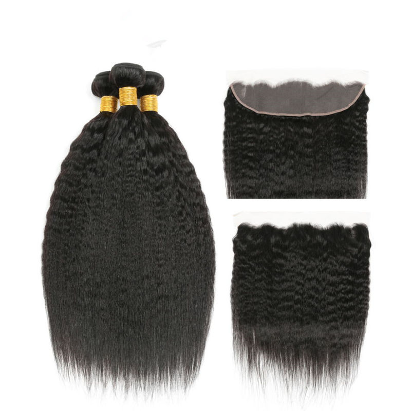 Front Virgin Hair Extensions Real Human Hair / Kinky Straight Bundles With Lace
