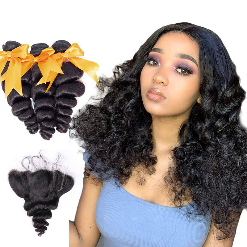 18 Inch Loose Wave Malaysian Hair Extensions / Virgin Hair Bundles With Lace Frontal