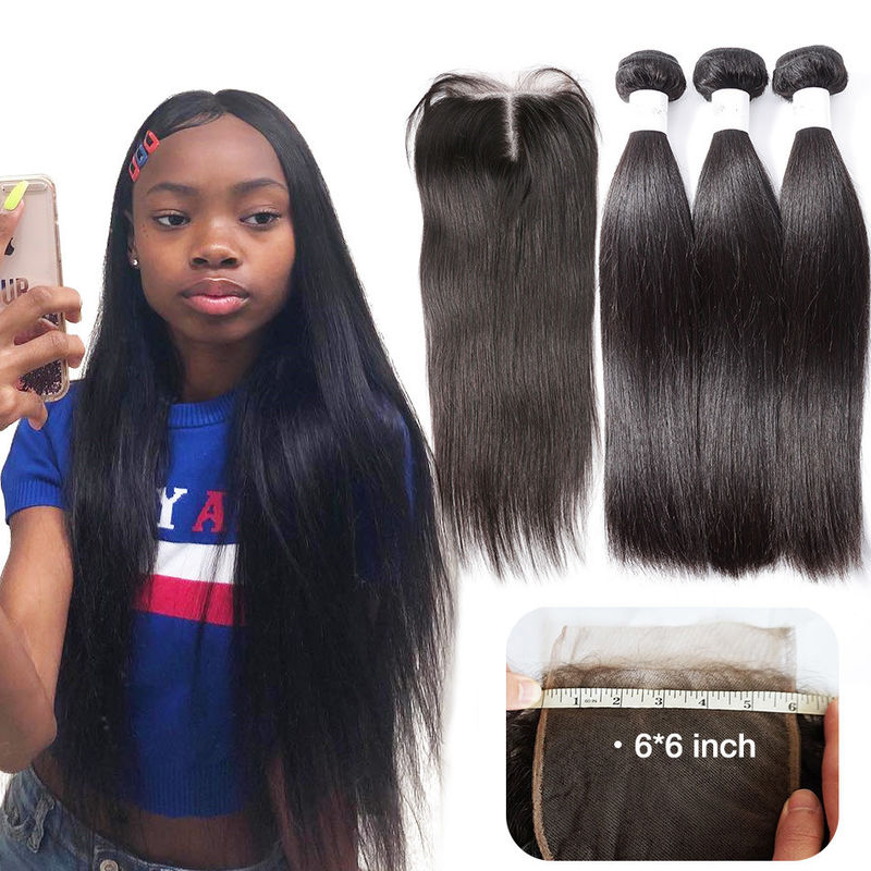 100 Unprocessed Virgin Brazilian Hair For Lady , 6 X 6 Lace Closure With Bundles