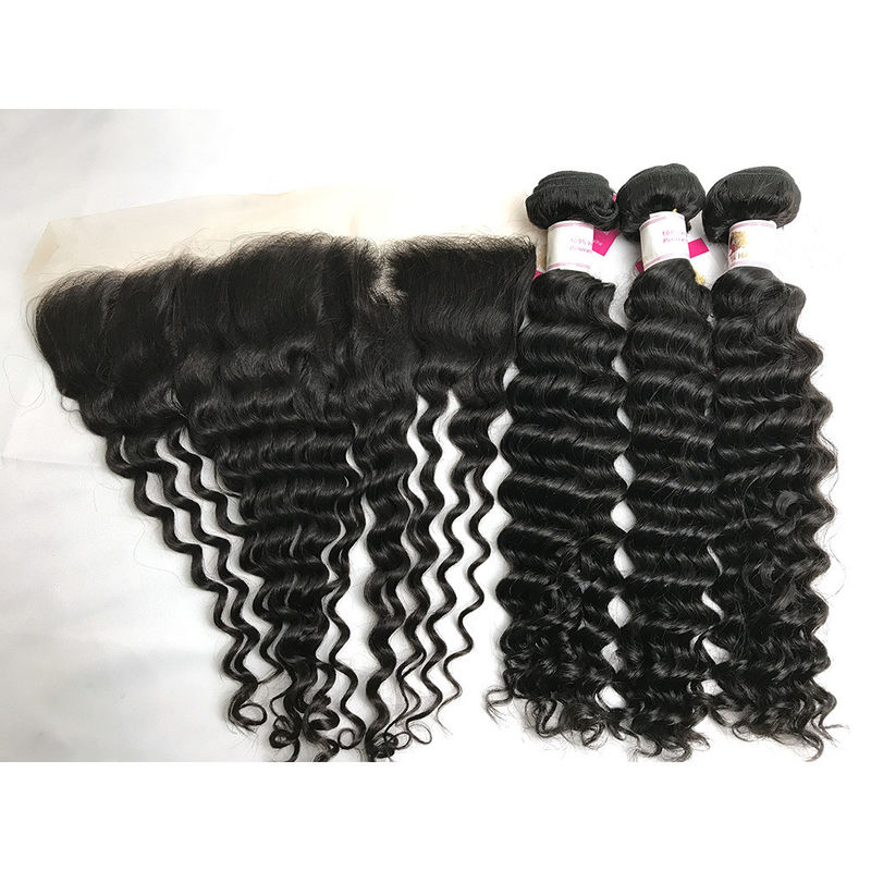 Black 100% Brazilian Virgin Remy Hair Deep Wave 3 Bundles With 13x4 Lace Frontal