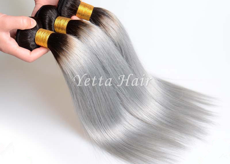 Natural Silver Grey Ombre Human Hair Extensions Straight Brazilian